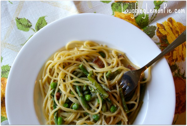 Spaghetti Carbonara with Wild Asparagus